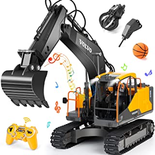 Volvo RC Excavator 3 in 1 Construction Truck Metal Shovel and Drill 17 Channel 1/16 Scale Full Functional with 2 Bonus Tools Hydraulic Electric Remote Control Excavator Construction Tractor