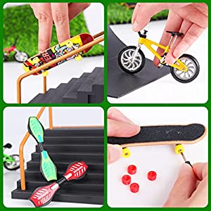 31 Pieces Mini Finger Toys Set Finger Skateboards Finger Bikes Mini Scooters Tiny Swing Board with Replacement Wheels and Tools Accessories for Party Favors Finger Training Educational Toy