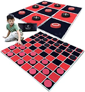 SWOOC Games - 2-in-1 Vintage Giant Checkers & Tic Tac Toe Game with Mat ( 4ft x 4ft ) - 100% Machine-Washable Canvas with 5" Big Foam Discs - Yard Size Indoor and Outdoor Games for The Whole Family