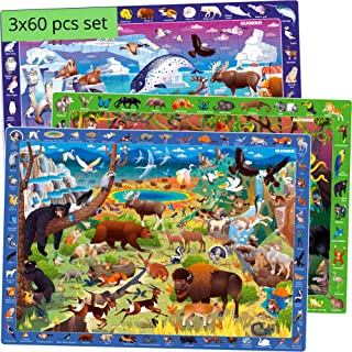 Floor Puzzles for Kids Ages 4-8 - 60 Piece Jigsaw Game for Toddlers 3-5 Year Olds by QUOKKA - Educational Search & Find Toy for 6-8-10 yo - Gift for Learning Forest Polar & USA National Park Animals