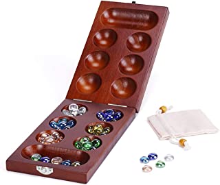 ropoda Mancala Board Game Set with Folding Rubber Wood Board & 48+5 Multi Color Glass Stones & Stone Storage Bag - Marble Game for Daily Life, Party, Festival – Portable for Kids and Adults