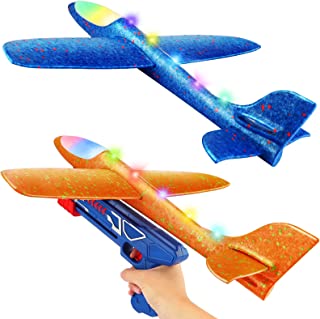 2 Pack Flying Airplane Toys with Launcher,LED Light Foam Glider Planes,Kids Outdoor Toys Yard Games,Xmas Gifts for 4 5 6 7 8 9 10 Years Old Boys Girls, Airplane Birthday Party Supplies