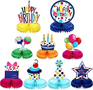 Frienda 9 Pieces Colorful Happy Birthday Decorations Rainbow Honeycomb Balls Centerpieces Table Topper Birthday Pom Poms for Kids Birthday Party Baby Shower