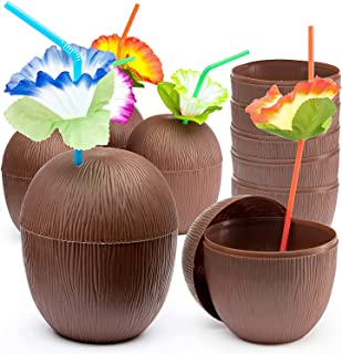 Prextex 12 Pack Coconut Cups for Hawaiian Luau Kids Party with Hibiscus Flower Straws - Tiki and Beach Theme Party Fun Drink or Decoration Cups