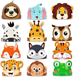 12 Pieces Jungle Safari Zoo Animal Party Headbands Decorations Wild One Birthday Paper Crown Hats for Kids, Jungle Photo Booth Props Favor Supplies