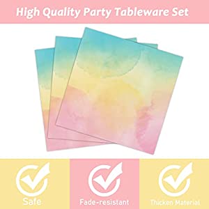 96Pcs Rainbow Pastel Party Supplies Pastel Ombre Plates and Napkins Water Color Tableware Set Colorful Birthday Party Baby Shower Wedding Decorations for Girls, Serves 24