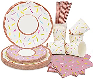 120Pcs Party Supplies Pink Donut Plates Tableware Set Decoration Serves 24 Guest Party Plates and Cups and Napkins Sets for Baby Shower Donut Grow Up One Two Sweet Birthday Party Supplies