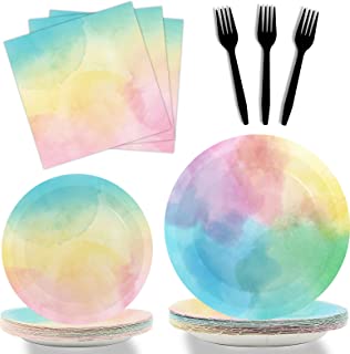 96Pcs Rainbow Pastel Party Supplies Pastel Ombre Plates and Napkins Water Color Tableware Set Colorful Birthday Party Baby Shower Wedding Decorations for Girls, Serves 24