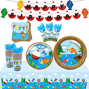 Gone Fishing Party Tableware Supplies Set Serves 20 Guests-Bobber Happy Birthday Banner,Plates, Cups, Napkins,Table Cover,Cutlery Kits-Kids Little Fisherman The Big One Party Ideas Decoration