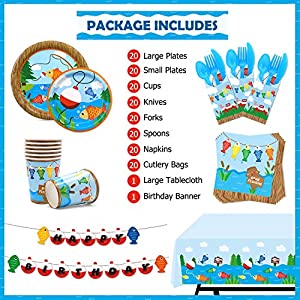 Gone Fishing Party Tableware Supplies Set Serves 20 Guests-Bobber Happy Birthday Banner,Plates, Cups, Napkins,Table Cover,Cutlery Kits-Kids Little Fisherman The Big One Party Ideas Decoration