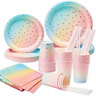 Larchio Pastel Party Plates and Napkins Party Supplies, 25 Guest Pastel Ombre Birthday Plates Napkins and Cup, Paper Straws for Kids Rainbow Birthday Party Decorations