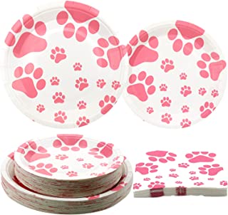 120 PCS Dog Party Supplies - Dog Birthday Paw Prints Party Supplies for Girl include Pink Pawty Puppy 9 inches Plates, 9 inches Plates, napkins, for Doggy Tableware Party - Serves 40