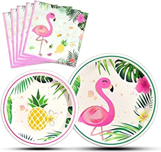 WERNNSAI Flamingo Party Supplies - Luau Disposable Summer Hawaiian Themed Tableware Set for Girl Kids Birthday Dinner Dessert Plates and Napkins Serves 16 Guests 48PCS