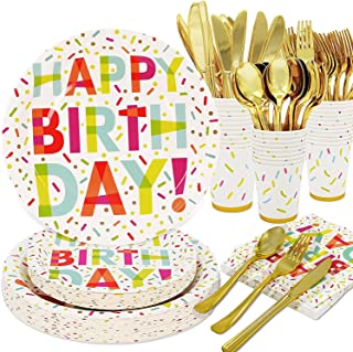 Happy Birthday Paper Plates and Napkins Party Supplies Colorful Disposable Tableware Set with Plates, Napkins Cups Cutlery for Boy Girl Adult Kid Birthday,Rainbow Confetti theme Party
