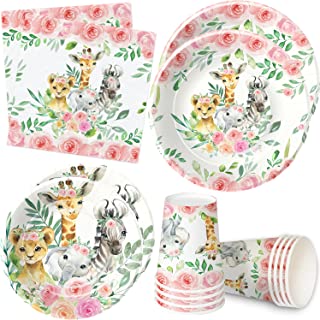 HIPVVILD Safari Birthday Decorations Tableware for Girl - Jungle Theme Party Supplies Include 9" Plates, 7" Plate, Cup, Napkin, Safari Jungle Animal Birthday Baby Shower Party Decorations | Serve 24