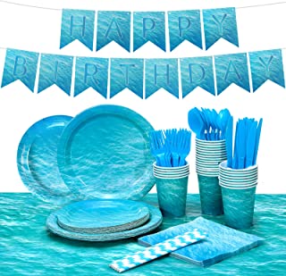 Lidmada Ocean Wave Party Supplies 16 Guests Disposable Plates Set Inkl. 7”& 9” Paper Plates Plastic Silverware Paper Cups Napkins Starws Table Cloth and Banner for Baby Shower Beach Pool Party