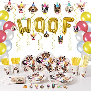 DECORLIFE Dog Birthday Party Supplies Serves 16, Cute Puppy Birthday Party Supplies for kids Includes Dog Party Decorations, Paper Plates Set, Banner, Hanging Swirls, Total 178PCS
