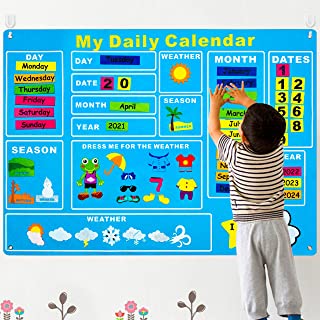 WATINC My First Daily Calendar Felt-Board for Kids 3.5Ft 70Pcs All About Today Funky Frog Weather Season Chart Days of The Week Circle Time Bulletin Board Preschool Early Learning Play Kit for Wall