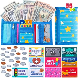 JOYIN 55pcs Kids Pretend Money, Play Credit Cards Set, Toddler Wallet, Fake Coins for Cash Register Play, Math Learning Toy, Dress Up Party Favors, Birthday Gift, Boys Girls Easter Egg Basket Stuffers