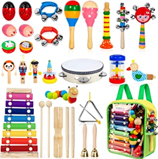 Kids Musical Instruments, 33Pcs 18 Types Wooden Percussion Instruments Tambourine Xylophone Toys for Kids Children, Preschool Education Early Learning Musical Toy for Boys and Girls