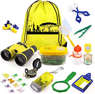 kaqinu Kids Explorer Kit, 24 PCS Outdoor Adventure Camping Kit & Bug Catcher Kit with Drawstring Bag, Binoculars, Compass, Butterfly Net, Educational Nature Exploration Toys Gift for Boys & Girls