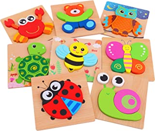 AOLIGE 8Pcs Wooden Jigsaw Puzzles Animal Educational Toys for Toddlers Kids Pegged Puzzles 1 2 3 Years Old