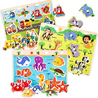 Wooden Peg Puzzles for Toddlers 2 3 4 Years Old, Kids Educational Preeschool Peg Puzzles Toy, 3 Pcs Toddler Puzzles Set - Traffic, Animals and Ocean, Great Gift for Girls and Boys