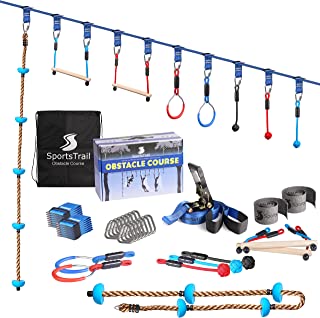 Ninja Warrior Obstacle Course for Kids 50' Slackline Kit, Jungle Gym Monkey Bars Kit for Kids and Adults, Kids Outdoor Play Equipment, Warrior Training Equipment, Playground Set for Backyard