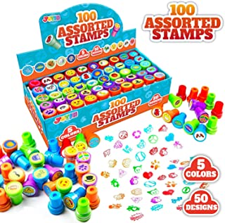 JOYIN 100PCS Assorted Stamps for Kids Self-Ink Stamps for Party Favor, Teacher Stamps, Kids Treasure Box, Prize for Classroom, Easter Egg Stuffers (50 Designs, Emoji, Dinosaur, Halloween Stampers)