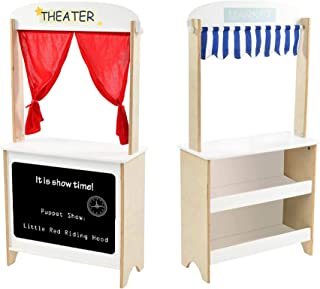 labebe - Wood Puppet Theater, Flannel Curtain Puppet Stage Theater, 2-Sided Tabletop Puppet Stage Chalkboard, 2-in-1 Puppet Theater Reversible Play Store, Multi-Function Theater for Ages 3 and up