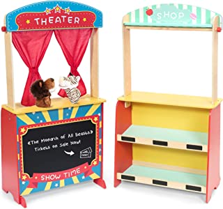 Wooden Puppet Theater Bonus 2 Hand Puppet, Rundad Double-Sided Lemonade Stand & Puppet Show Theater for Kids, Wood Deluxe Children Puppet Theatre Toy with Chalkboard
