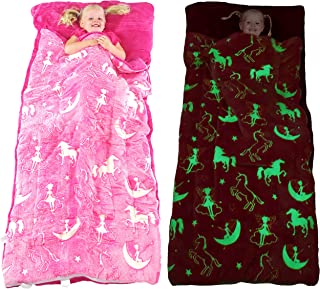 Unicorn Sleeping Bag Glow in The Dark Fairy Slumber Bag for Girls - Plush Glowing Girly Nap Mat for Kids- Luminescent Pink Large 66in x 30in Warm Durable Sleeping Blanket Pad for Girls - Unicorn Gift