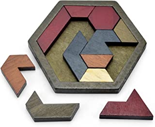 Hexagon Tangram Puzzle, Wooden Puzzle Toys for Children and Adults, Challenging Puzzles Wooden Brain Teasers Puzzle for Adults Puzzles Games, Family Portable Puzzles Brain Games