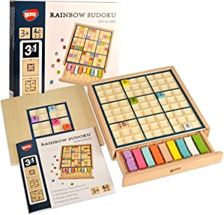 BOHS Wooden Rainbow Sudoku Board Game with Drawer - 3 in 1 Easy to Hard - with Book of 320 Sudoku Puzzles - Desktop Brain Teaser Game Toys