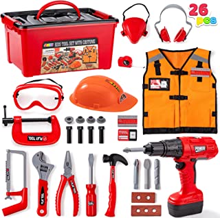 JOYIN 26Pcs Kid Tool Set, Pretend Play Toddler Tool Toy with Construction Worker Costume & Electronic Toy Drill in Storage Box for Boy Girl Birthday Gift Outdoor Preschool Ages 3, 4, 5, 6, 7 Years Old
