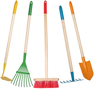 Giggle Goods 5-Piece Kids Garden Tool Set - Multicolored Kids Gardening Tools with Wooden Handle and Metal Head - Kids Size Rake, Spade, Hoe, Leaf Rake, and Broom for Kids Ages 7 Years Old and Up