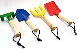 4-Piece Kids Gardening Tools Set, Toy Gardening Set Includes Fork, Trowel, Rake & Shovel, Made of Metal with Sturdy Wooden Handle, Children Beach Sandbox