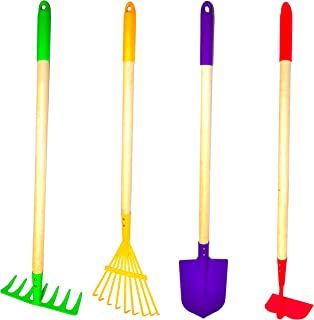 JustForKids Kids Garden Tool Set Toy, Rake, Spade, Hoe and Leaf Rake, reduced size , made of sturdy steel heads and real wood handle, 4-Piece, Multicolored, 5yr+