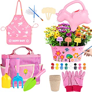 Mojitodon Kids Gardening Tool Set Flower Paint Planting Growing Kit - Includes Unicorn Watering Can, Shovel, Rake, Trowel, Gloves, Apron and Garden Tote Bag Outdoor Toys Gifts for Girls Ages 3+