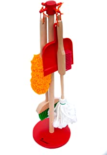 JustForKids Wooden Detachable Kids Cleaning Toy Set - Duster, Brush, Mop, Broom and Hanging Stand Play - Housekeeping Kit - STEM Toys for Toddlers Girls & Boys, Total 6 Pieces,Multi Color,10071