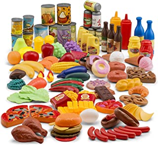 JaxoJoy 122-Piece Deluxe Pretend Play Food Set, Toy Food Assortment Playset for Kids & Toddlers, Pretend Play Food Sets for Kids Kitchen, Kitchen Toys, Play Kitchen Accessories