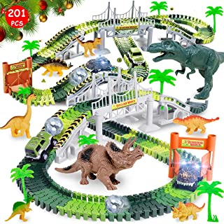 [2022 Upgraded] Dinosaur Toys, Dinosaur Race Car Track Toys for 3 4 5 6 Year & Up Old Boys Girls, Dinosaur Track Train Set with 201pcs Flexible Tracks and 2 Race Cars for Kids Christmas Birthday Gifts