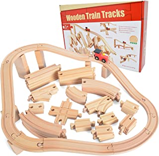 JOYIN 62 Pieces Wooden Train Track Set, Including 1 Thomas Battery Operated Motorized Toy Train, Wooden Railway Set, Birthday Holiday Party Favor Gifts for Boys Girls 2-8 Years Old