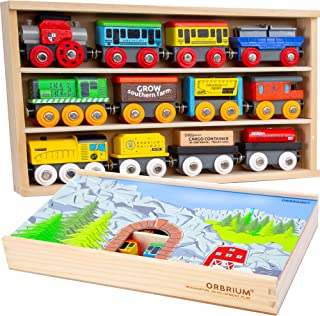Orbrium Toys 12 (20 Pcs) Wooden Train Cars for Kids + Dual-use Wooden Box Cover/Tunnel Wooden Train Set Trains Toy Compatible with Thomas Wooden Railway, Brio