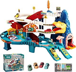 Toy Car Ramp Track Dinosaur Climbing Hills Railcar Colorful Vehicles Construction Play Set with 8 Mini Racer Cars and Track for Preschool Gifts Kids Ages 3 Years and Older (Dinosaur Hill)