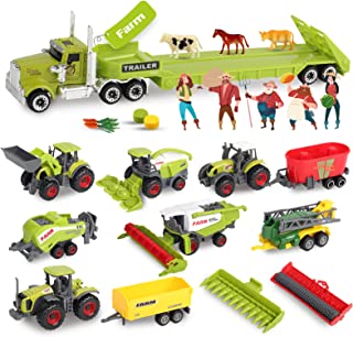Oriate Kid's Farm Toys Realistic Tractor Vehicle Playset, Diecast Car Set Educational Mini Farm Animals with Flatbed Trailer, Birthday Gift for Children 3+ Year Old