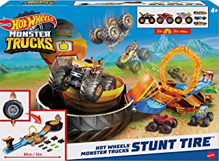​Hot Wheels Monster Trucks Stunt Tire Playset, Includes 3 Hot Wheels Monster Trucks & 3 Hot Wheels 1:64 Scale Vehicles, Gift for Kids 4 to 8 Years Old [Amazon Exclusive]