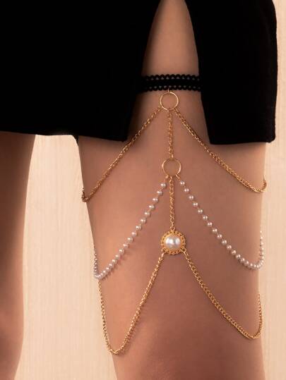 Faux Pearl Decor Thigh Chain