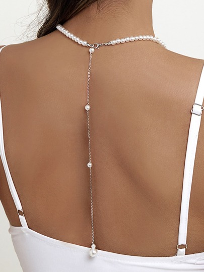 Faux Pearl Charm Back Necklace