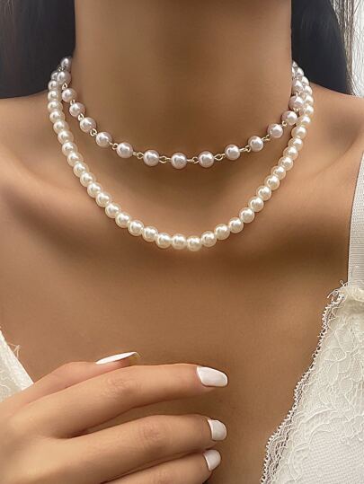 2pcs Faux Pearl Beaded Necklace
